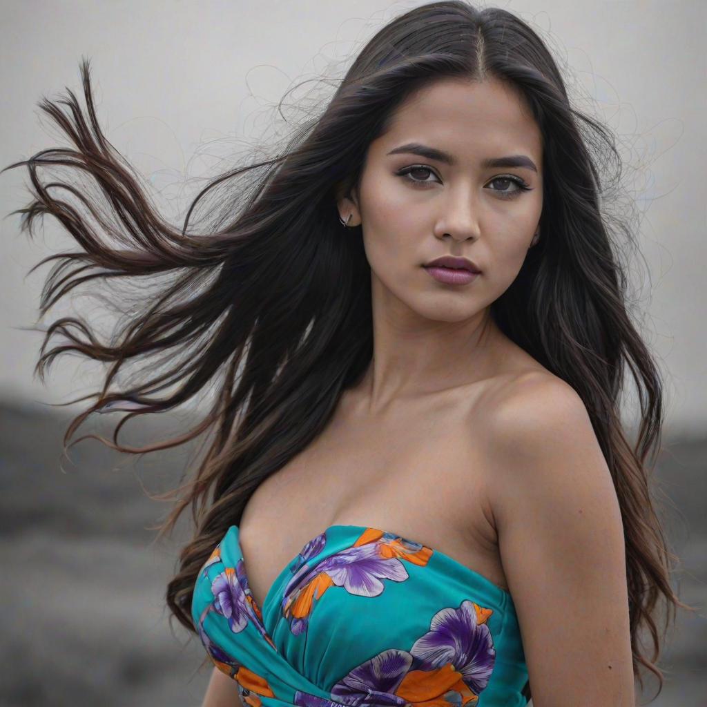 Photographic image of a beautiful young Mapuche woman, cyan eyes, lips with cyan lipstick, long hair fluttering in the wind and wearing a silk strapless dress with a soft purple and orange print. monochrome image with only color highlights in the iris of the eyes, lipstick and dress. Gray background.