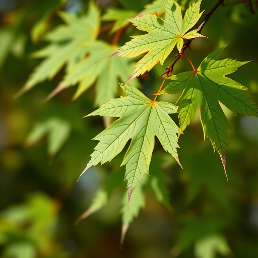 Capture a close-up shot of vibrant green maple leaves with soft focus background, using a Canon EOS R5 camera, f/2.8 aperture, 1/250 sec shutter speed, ISO 200, natural lighting, and a shallow depth of field for enhanced detail.