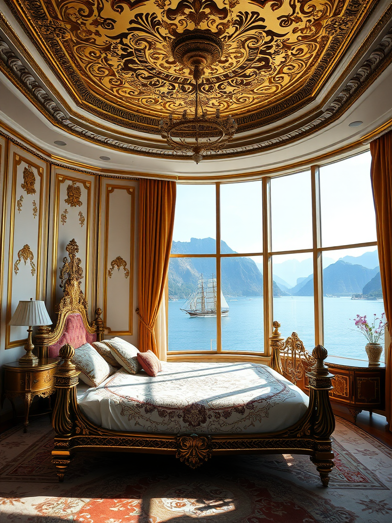 high-resolution image of a luxurious bedroom with a gold-framed bed, intricate ceiling design, and a large window showing a sailing ship on a bay surrounded by mountains, shot with a DSLR camera at 35mm, f/2.8 aperture, ISO 100, soft natural lighting for a serene atmosphere