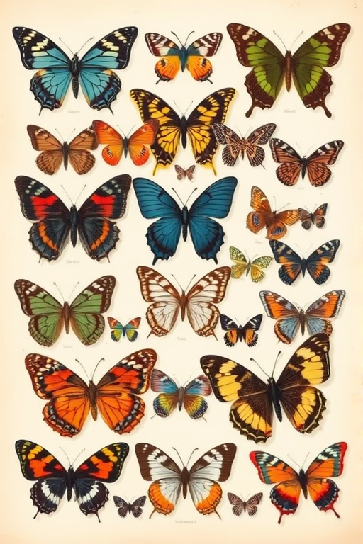 Create an illustrated image featuring a variety of butterflies arranged in a grid format. Include a diverse range of butterfly species with distinct colors and patterns. The background should be neutral to enhance the vibrancy of the butterflies. Aim for a vintage or botanical style in the illustration.