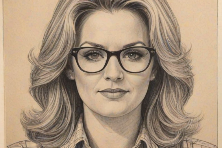 Fascinating Trisha Yearwood, pencil sketch, portrait of Resplendent woman 1977s in glasses, hair style beatnik, outline, clear lines, fine lines, 8k