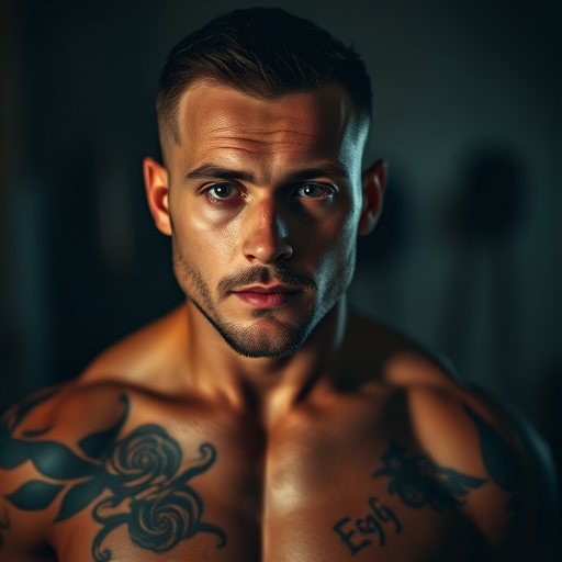 portrait of a muscular man with tattoos, low light setting, soft focus, 50mm lens, f/1.8 aperture, ISO 200, 1/200 sec shutter speed, captured with a DSLR camera