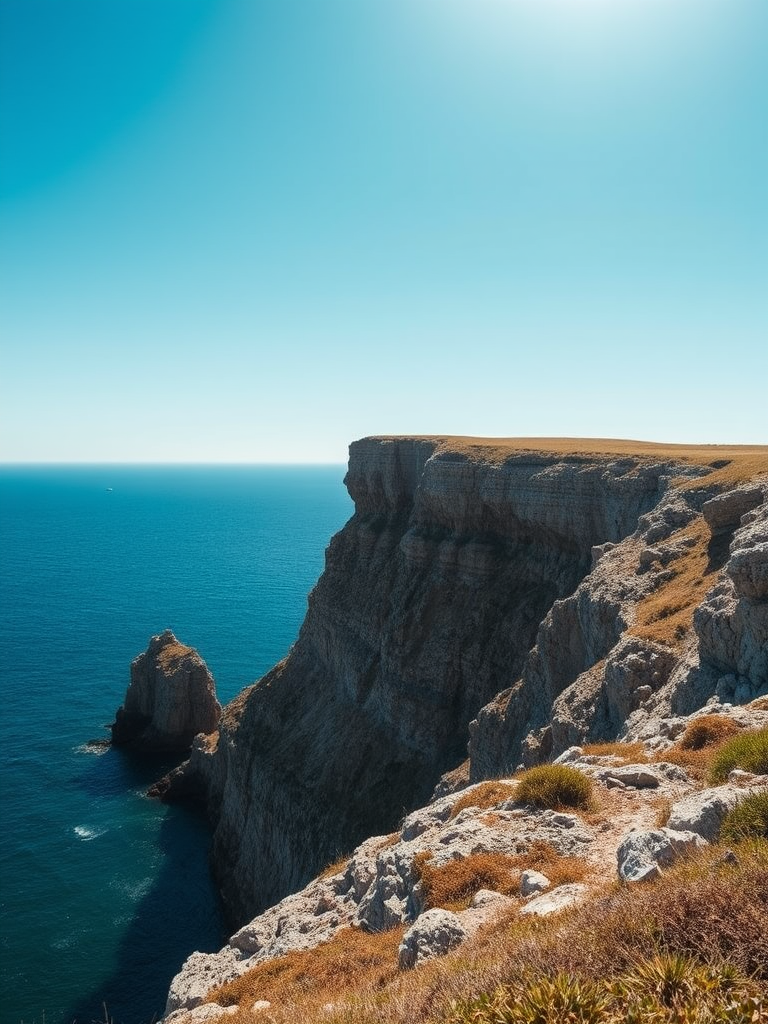 Coastal landscape with a rocky cliff in bright sunlight, captured with a Canon EOS 5D Mark IV, 24mm lens, aperture f/8, ISO 100, shutter speed 1/200s, taken from a low angle to emphasize the cliff against a clear blue sky and calm sea.