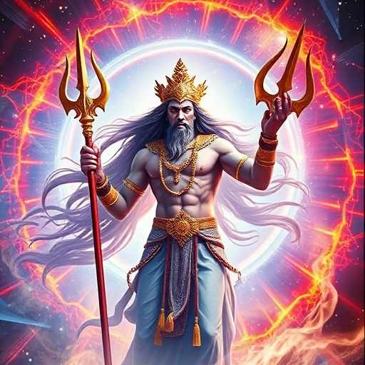 Regenerate an image of a divine figure resembling a warrior with long flowing hair, holding a trident, surrounded by a vibrant digital vortex, captured using a DSLR camera, 50mm lens, f/1.8 aperture, ISO 100, and shot from a slightly low angle to enhance depth and vivid colors.