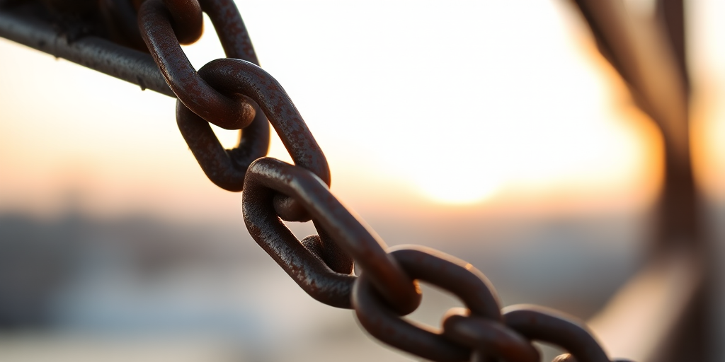 Close-up of a rusted chain draped over a metal railing in soft evening light, 50mm lens, f/1.8, ISO 200, 1/250s, shallow depth of field, DSLR camera, natural light, warm tones.