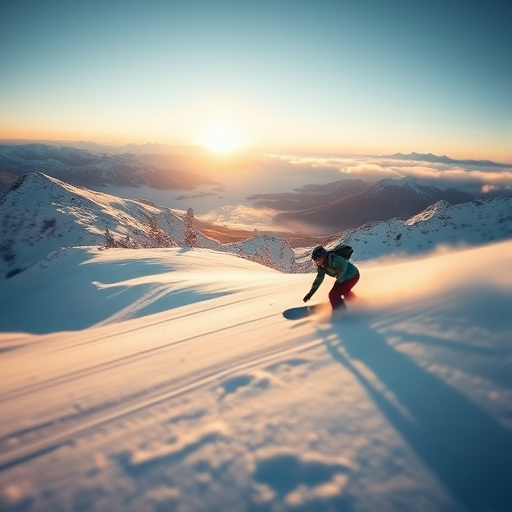 Blurry action shot of a snowboarder carving through fresh powder on a snowy mountain, soft light from the setting sun casting long shadows over the landscape and distant peaks barely visible through the mist.
