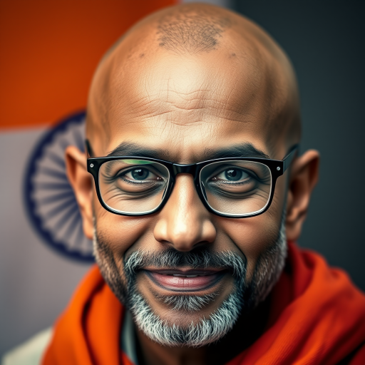 An artistic portrait of a bald man with glasses and a gentle smile, overlaid with the colors of the Indian flag, captured with a DSLR camera at f/2.8 aperture, ISO 100, 50mm lens, soft focus style.