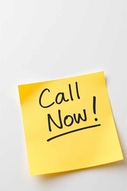 Yellow sticky note with handwritten text "Call Now!" on a plain background, shot in natural light, using a macro lens, aperture f/2.8, ISO 100, at a 45-degree angle for depth of field.