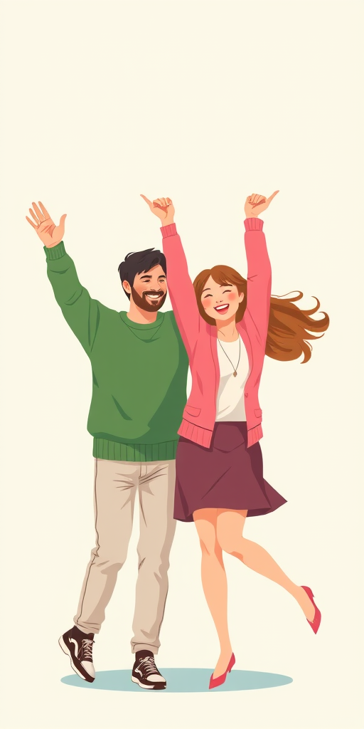 illustration of a joyful couple dancing, man with arms raised wearing a green sweater, woman in a pink cardigan, bright colors, minimalist style, soft lighting, camera settings: aperture f/5.6, shutter speed 1/200, ISO 100, camera view: eye level, camera style: flat lay, camera type: digital illustration