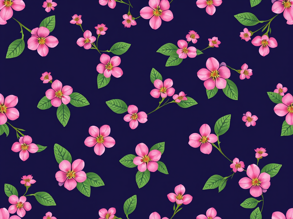 Create a seamless floral pattern with small pink flowers and green leaves on a dark navy background, shot with a DSLR camera at f/8, ISO 100, 50mm lens, using a macro photography style to enhance detail and color vibrancy.