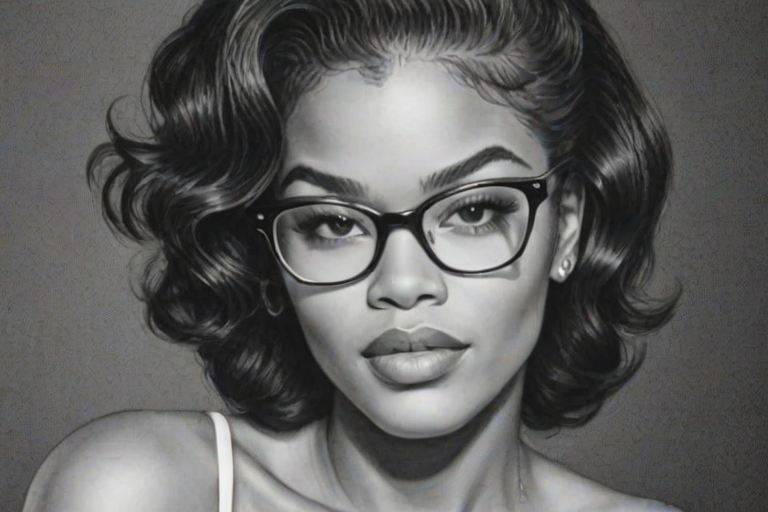 Attractive Teyana Taylor, pencil sketch, portrait of Enchanting woman 1952s in glasses, hair style beatnik, outline, clear lines, fine lines, 8k
