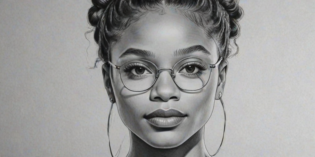 Enchanting Halle Bailey, pencil sketch, portrait of Magnificent woman 1921s in glasses, hair style beatnik, outline, clear lines, fine lines, 8k