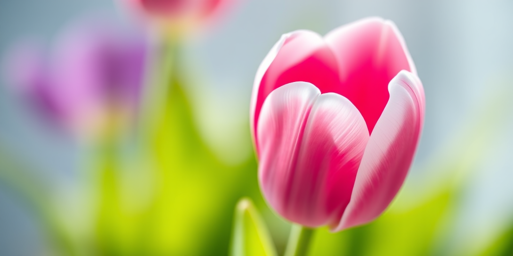 close-up of a pink tulip with white edges in soft focus background, aperture f/2.8, 50mm lens, natural light, DSLR camera, shallow depth of field