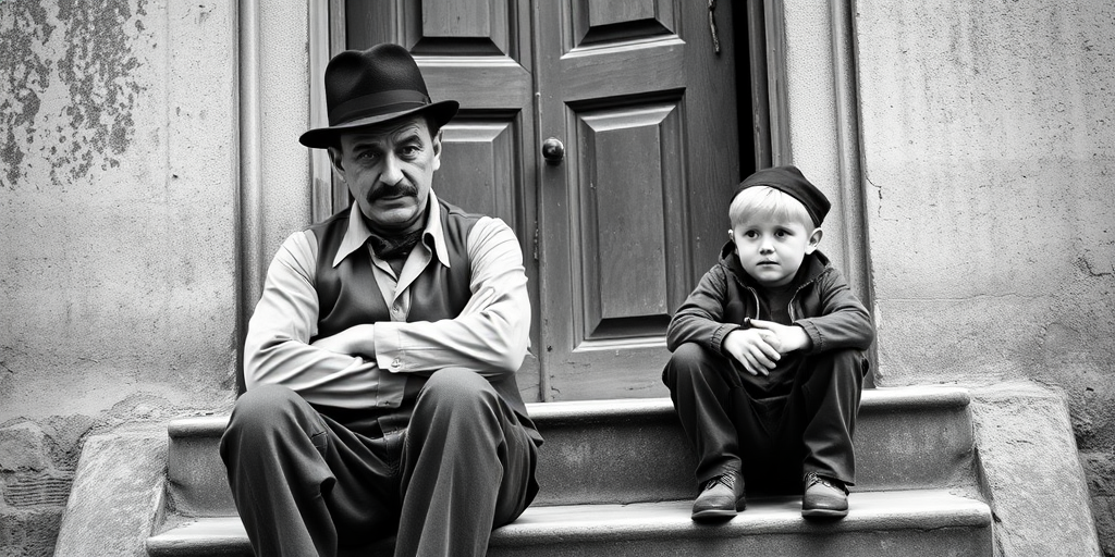 A black-and-white photograph of a man and a child sitting on steps in front of a doorway. The man is dressed as a tramp with a bowler hat, mustache, and ragged clothes, reminiscent of Charlie Chaplin's iconic look. He is sitting with his arms crossed and an expression of slight sadness or frustration. Next to him is a young boy, also in worn clothes and a cap, sitting with his hands clasped, looking thoughtful. The background is an old, textured wall and a partially open door, creating a vintage, early 20th-century atmosphere.