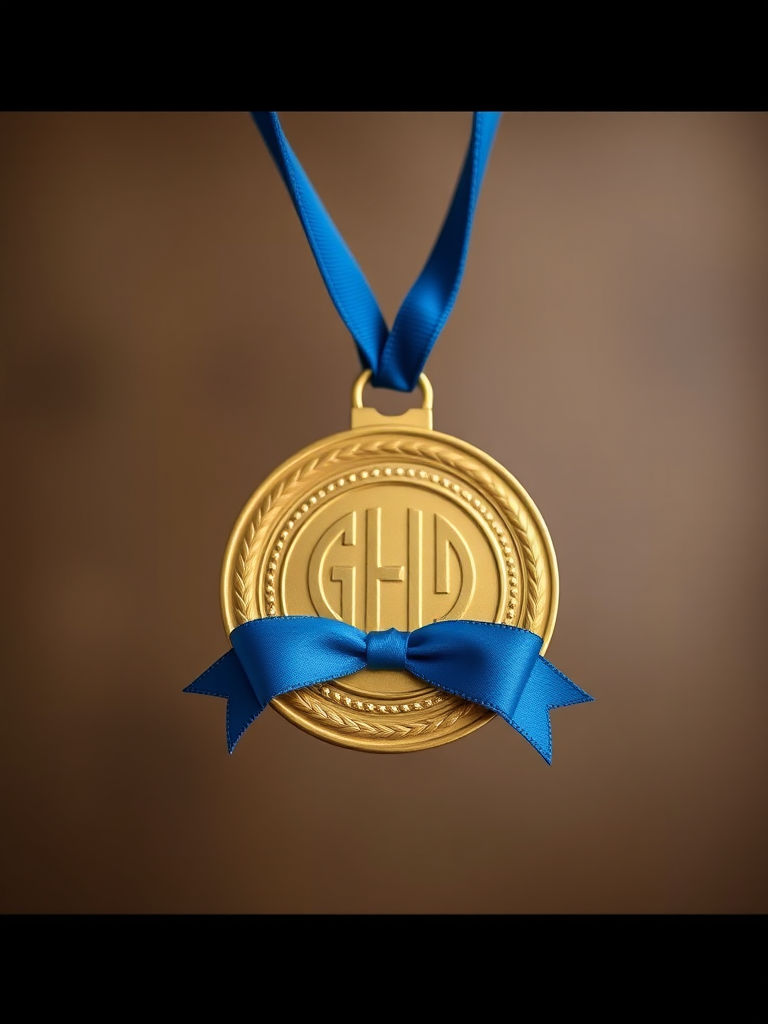 Create a high-resolution image of a gold medal with a blue ribbon, using a 50mm lens, aperture f/2.8, shutter speed 1/125s, and ISO 100, shot from a frontal view with a soft focus background to enhance the medal's details.