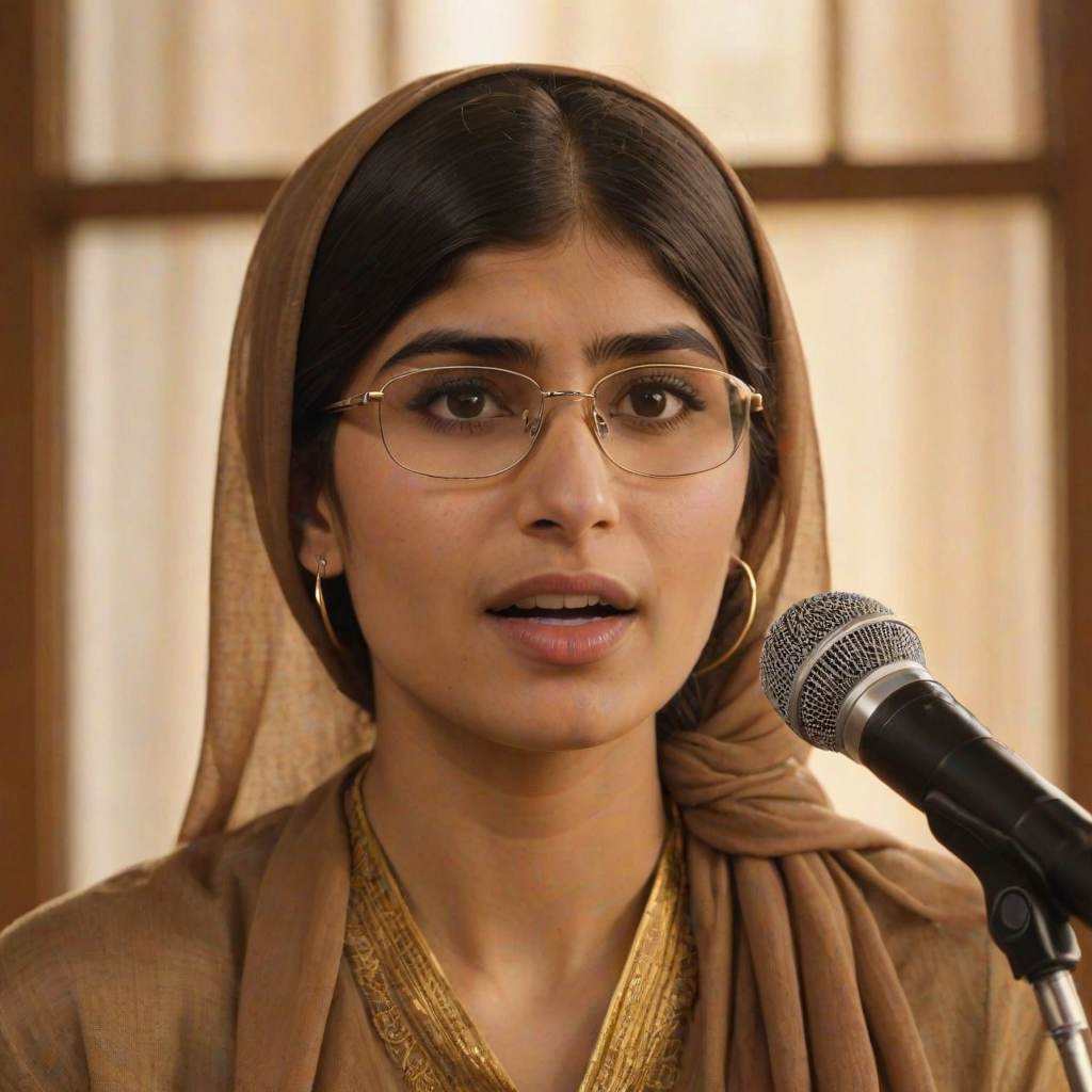 A close-up portrait of a mia khalifa with her eyes closed, singing into a microphone, positioned on the right side of the frame, facing the viewer. She is wearing a brown headscarf, gold earrings, and a brown blouse, and is bathed in warm, golden light emanating from the windows behind her. A blurred figure of a man singing into a microphone is visible in the background. The scene has a sense of calm and spirituality.