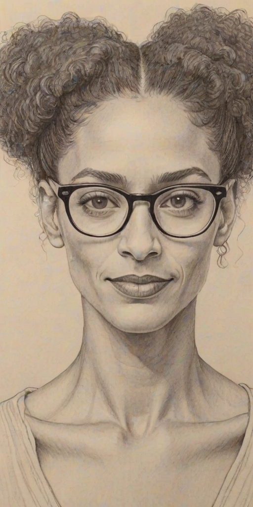 Appealing Carla Hall, pencil sketch, portrait of Comely woman 1921s in glasses, hair style beatnik, outline, clear lines, fine lines, 8k