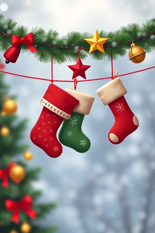 Create a high-resolution illustration of Christmas stockings hanging on a line, with a star and bells, using a Canon EOS 5D Mark IV, 50mm lens, aperture f/3.2, ISO 100, in a soft-focus background for depth.