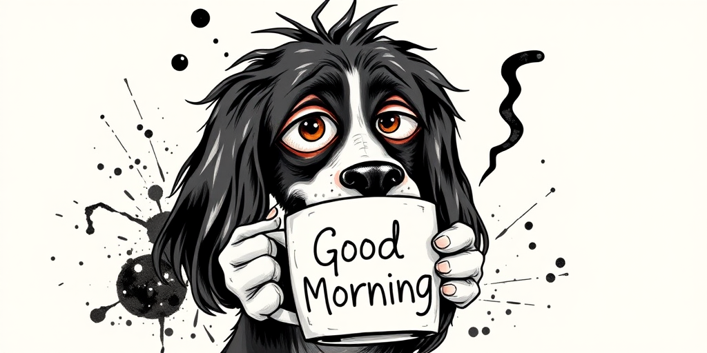A quirky, artistic illustration of a disheveled field spaniel dog breed with exaggerated, large eyes and spiky fur, holding a coffee mug that reads "Good Morning". The dog has a tired but humorous expression, with ink splatters and abstract details surrounding it, giving a whimsical feel to the image. The color palette is mostly monochrome with hints of black in the eyes and steam rising from the mug, enhancing the overall sleepy vibe