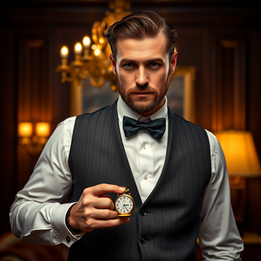 Create a portrait of a dapper gentleman in vintage attire holding a pocket watch, set in an elegant retro room with dramatic lighting, using a DSLR camera with a 50mm lens, aperture f/1.8, ISO 100, soft focus, warm color tones, and a classic film grain style.