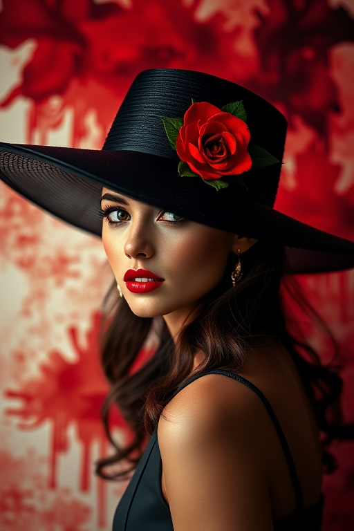 Create a high-resolution portrait of a woman wearing a wide-brimmed black hat adorned with a red rose, with an abstract background in shades of red and black, using a DSLR camera with a 50mm lens, aperture set to f/1.8, ISO 200, and a low-angle shot for dramatic effect.