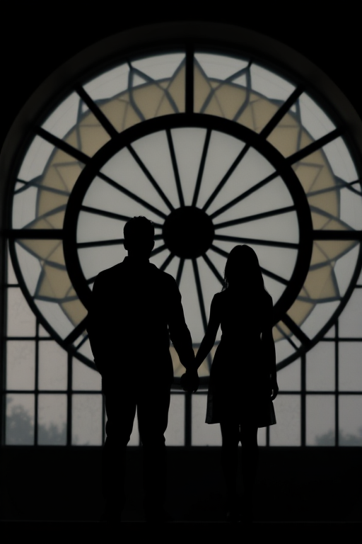 Regenerate a silhouette image of a couple holding hands in front of a large circular window with a fan design, soft natural lighting, low contrast, using a DSLR camera, 50mm lens, f/1.8 aperture, ISO 100, shutter speed 1/200 sec, in a moody and atmospheric style.