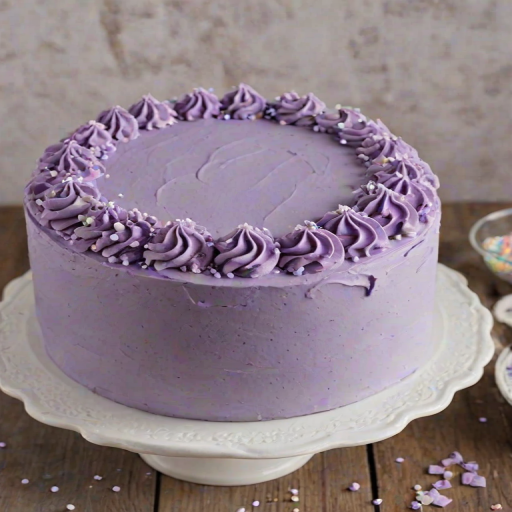 Create an image of a round cake with a smooth white frosting. The top of the cake should be decorated with swirls of purple frosting. The sides should be covered in colorful sprinkles, including various shapes and sizes. The background should be simple and rustic to enhance the cake's appearance.
