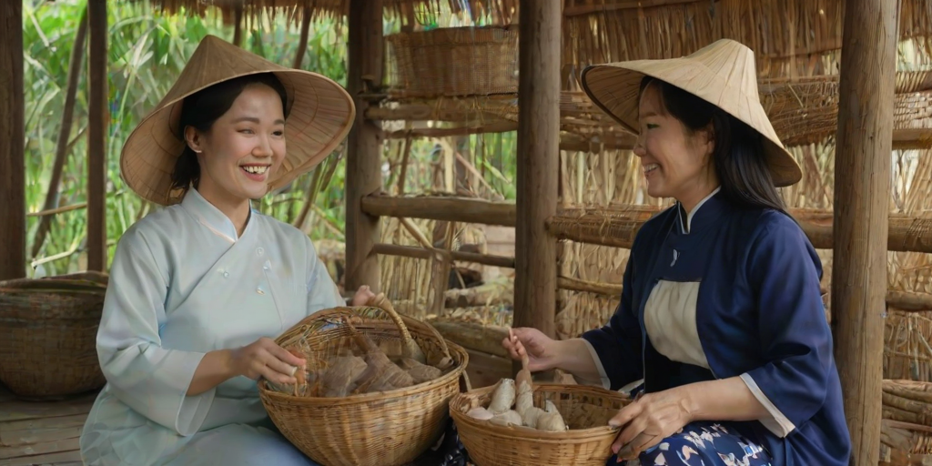 A young woman in a traditional Vietnamese Ao Dai and a smiling elderly woman wearing a conical hat, sitting together under a wooden structure with baskets of goods beside them.