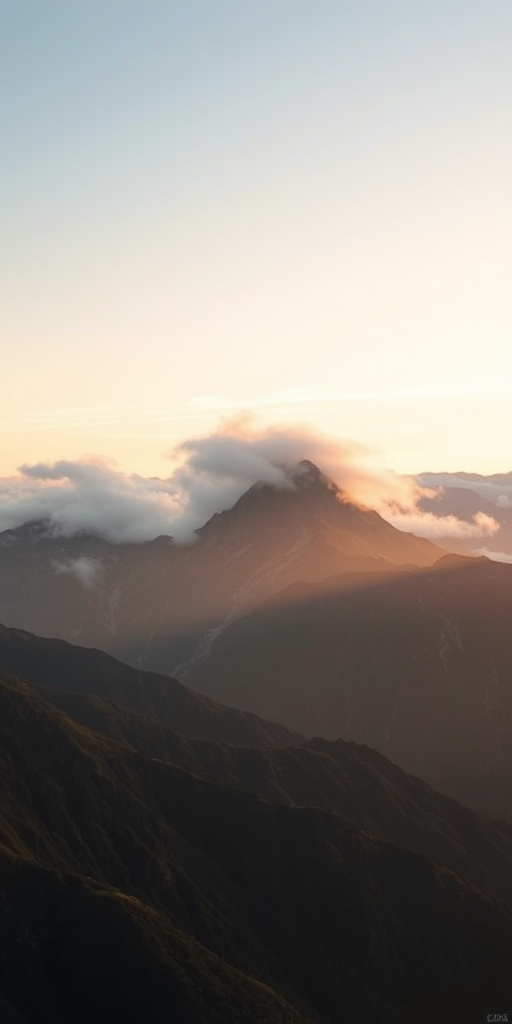 Capture a serene mountain landscape with soft, flowing clouds over the peaks during golden hour, using a Canon EOS R5 with a 24-70mm f/2.8 lens at f/8, ISO 100, and a shutter speed of 1/60 sec, in a smooth focus style with a slight long exposure effect.