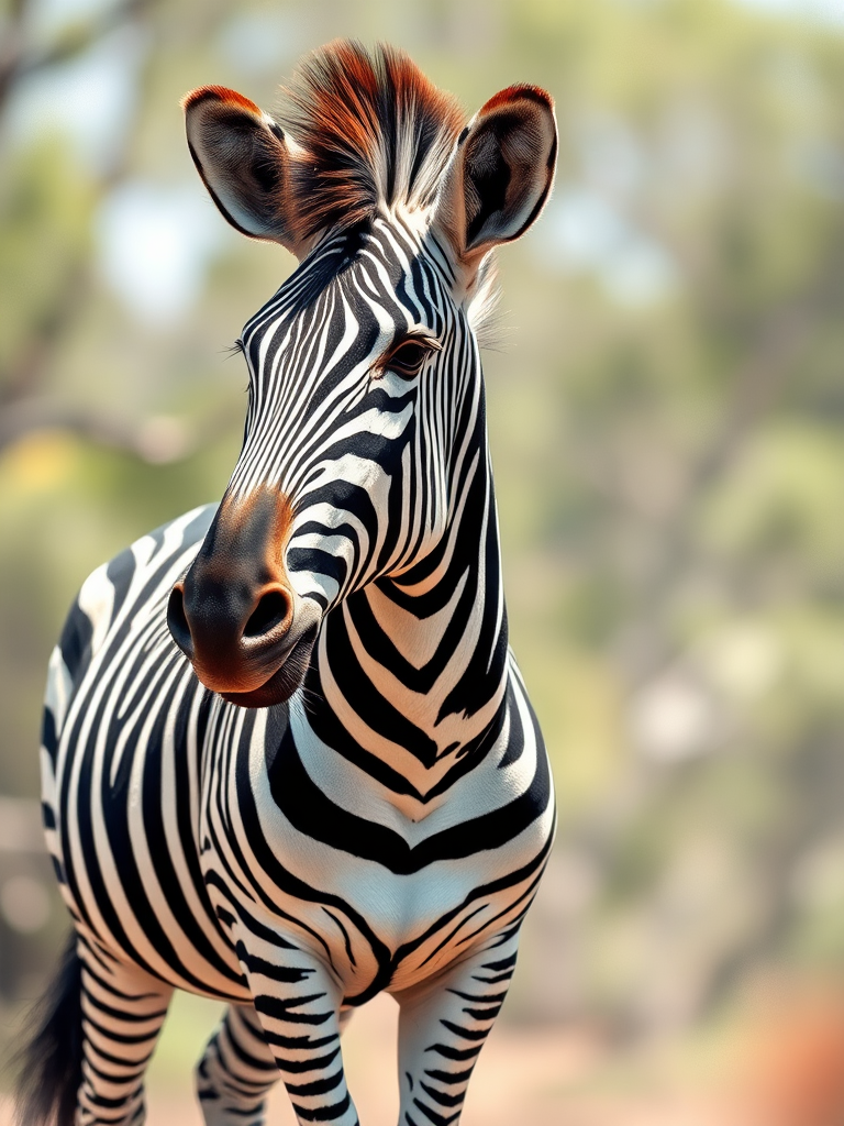 Create a high-resolution illustration of a zebra standing gracefully, shot with a Canon EOS R5 at 50mm f/1.8, in natural light from a low angle to enhance the texture of the stripes, using a digital painting style.
