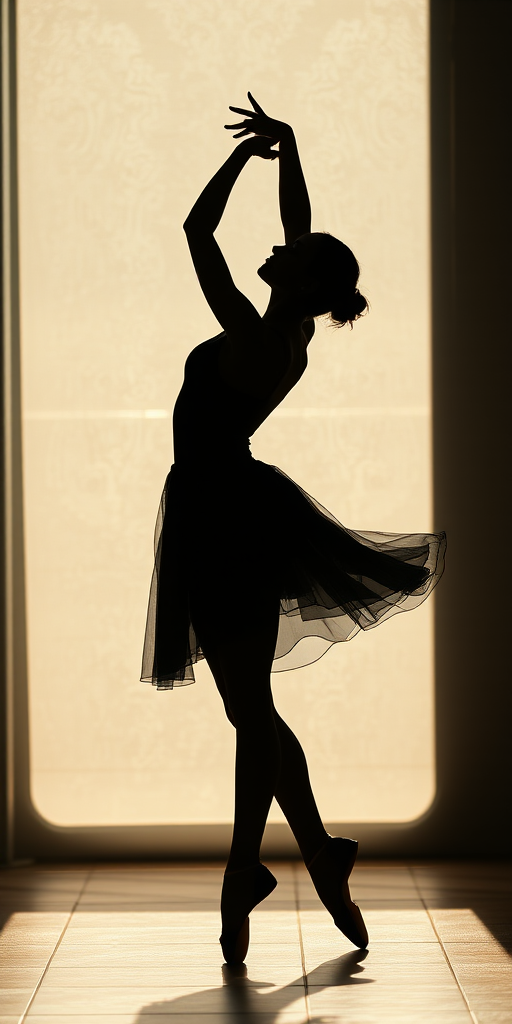Create a high-resolution silhouette image of a dancer in an elegant pose, shot using a Canon EOS R5 with a 50mm f/1.2 lens, aperture set to f/2.8, ISO 100, and natural backlighting for dramatic effect.