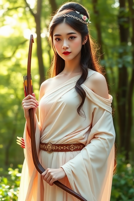 Create a portrait of a goddess-like Chinese girl figure in a tranquil, forested environment. She has an elegant appearance with long, wavy hair styled in an updo and adorned with a delicate, floral headband. She wears a flowing, ancient Greek-inspired gown in a soft, pale color, featuring a one-shoulder design and draped fabric that accentuates her graceful form. The outfit includes a decorative belt with ornate gold detailing, and she holds a bow in her hand, with a quiver of arrows slung over her shoulder. The background depicts lush greenery, with sunlight filtering through the trees, casting a gentle, ethereal light on the scene. Her expression is calm and contemplative, embodying a sense of wisdom and serenity.
