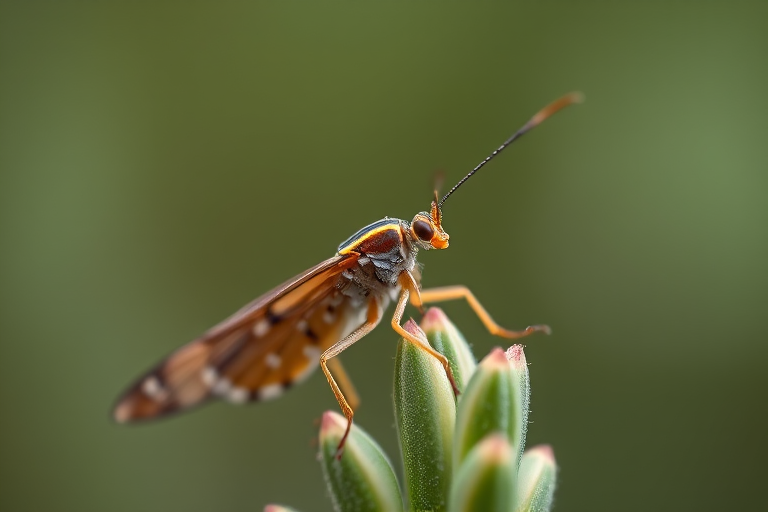 macro photograph of a lacewing insect perched on a plant, aperture f/2.8, shutter speed 1/200s, ISO 400, 100mm macro lens, soft diffused natural light, shallow depth of field, focus on intricate wing patterns and textures