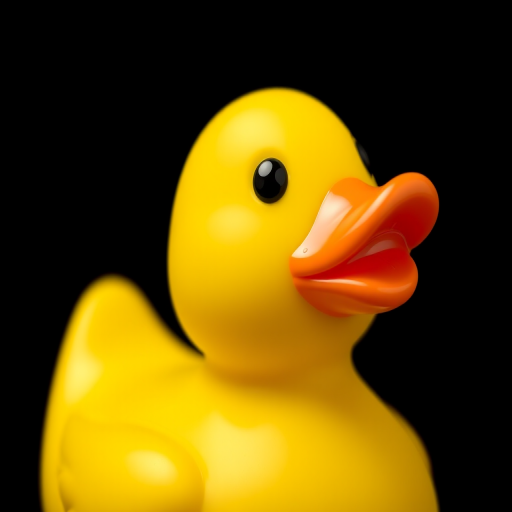 Create a high-resolution image of a cute yellow rubber duck with a bright orange beak and a glossy finish, shot with a Canon EOS R5, using a 50mm f/1.2 lens at f/2.8, focusing on a close-up view with soft lighting and a clean, solid black background to enhance contrast and color vibrancy.