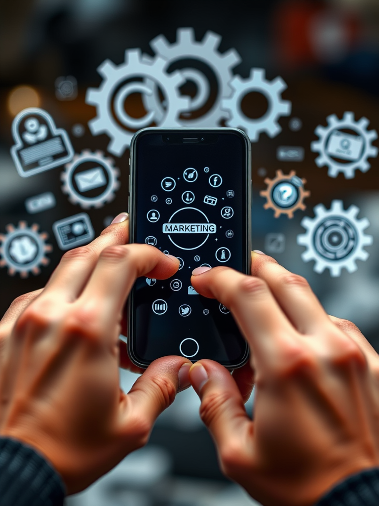 Create an image of two hands interacting with a smartphone, surrounded by digital marketing icons and gears, using a Canon EOS R5 at f/2.8, ISO 100, 1/200s, in a macro style shot with a slight depth of field to enhance detail and background blur.