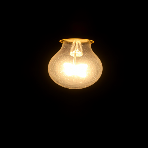A glowing light bulb shining brightly against a black background, taken with a DSLR camera at f/1.8, ISO 100, 1/200 sec, using a macro lens and soft focus effect to enhance light reflections.