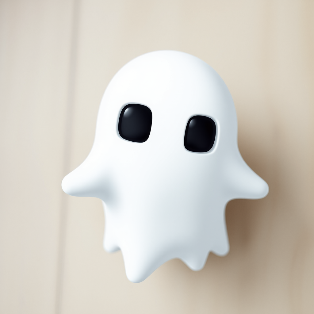 Create a high-resolution digital illustration of a cartoon ghost with two square windows for eyes, featuring a smooth white body and jagged bottom edges, shot using a DSLR camera at f/2.8 for shallow depth of field, ISO 100 for clarity, with a soft-focus background, and a top-down view for a whimsical effect.
