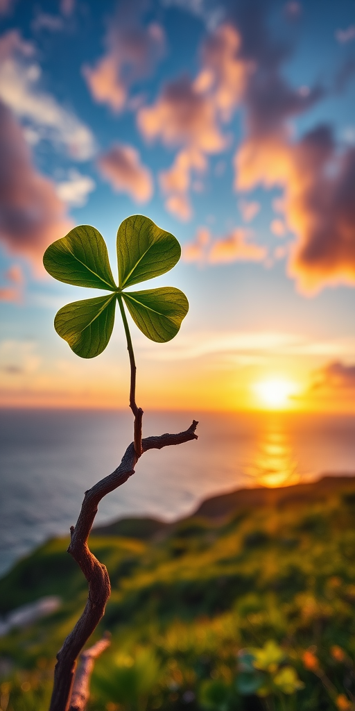 Generate a vibrant landscape featuring a large four-leaf clover on a twisted branch overlooking a serene ocean at sunset, with colorful clouds and a bright sun, captured with a Canon EOS R5, 24mm lens, aperture f/8, ISO 100, HDR style, in soft focus.