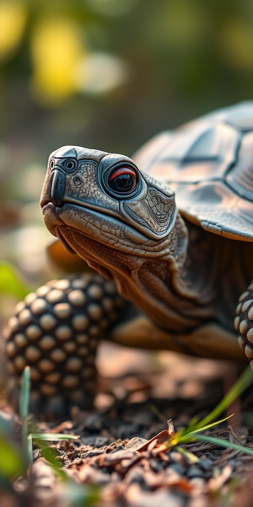 Create a highly detailed illustration of a tortoise in a natural setting, with soft natural lighting, a shallow depth of field to blur the background, captured with a DSLR camera at f/4, ISO 100, and a shutter speed of 1/200 sec, using a macro lens for enhanced texture and clarity.