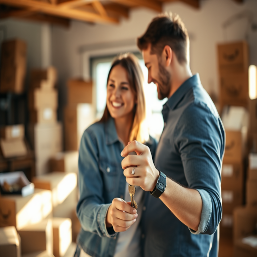 Couple embracing with keys in hand, soft natural lighting, indoor setting filled with moving boxes, shallow depth of field, 50mm lens, f/1.8 aperture, ISO 200, shot at 1/200s, warm color palette, intimate and joyful atmosphere.