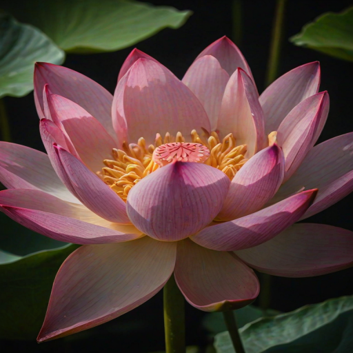a close-up of a vibrant pink lotus flower with delicate petals, surrounded by green leaves, softly illuminated in a dark background