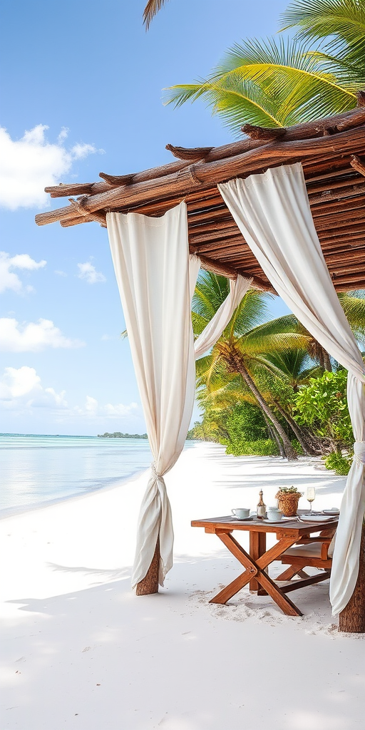 Create a picturesque tropical beach scene featuring a serene, white sandy shore. In the foreground, there's a rustic wooden canopy with white drapes gently flowing in the breeze. Underneath the canopy, a table is set with tropical decor, evoking a sense of relaxation and leisure. The beach extends into a calm, shallow water area with reflections of the sky and surroundings. Palm trees and lush greenery line the edge of the beach, providing a natural, tropical backdrop. The sky is clear with a few scattered clouds, and the overall atmosphere is tranquil and inviting, perfect for a peaceful retreat.