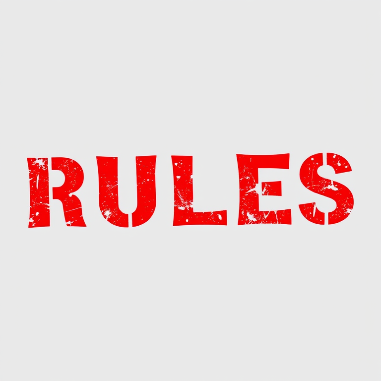 Create an image of the word "RULES" in bold red letters stamped with a distressed texture, set against a transparent background, using a DSLR camera with a 50mm lens, aperture f/2.8, ISO 100, 1/125 shutter speed, shot in portrait view for enhanced clarity and detail.
