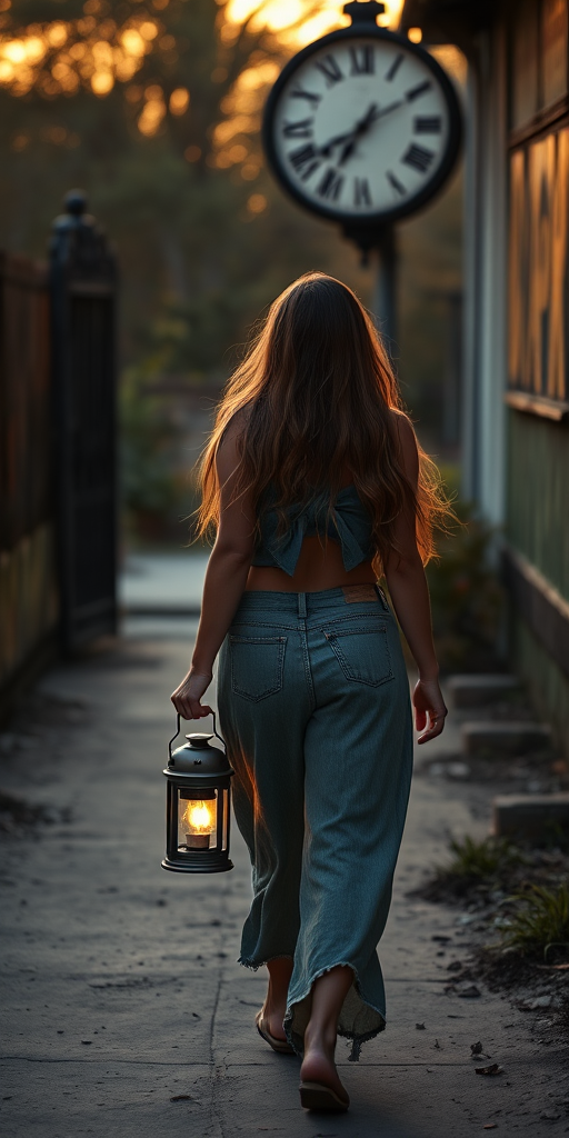 A young woman with long hair walking down a dusty path, holding a lantern, with a vintage clock and faded text in the background, shot with a Canon EOS 5D Mark IV, 50mm lens, aperture f/1.8, ISO 100, golden hour lighting, soft focus style.