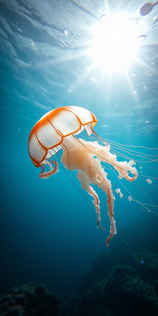 Underwater scene featuring a majestic jellyfish illuminated by sunlight filtering through the water, captured with a Canon EOS R5, 24-70mm lens at f/8, ISO 100, using a wide-angle perspective for vibrant colors and sharp details.
