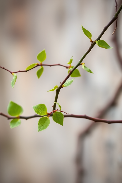 Close-up of twisting vine branches with new green leaves against a blurred background, shot with a DSLR camera at f/2.8 aperture, 50mm lens, ISO 200, natural light, shallow depth of field for enhanced detail.