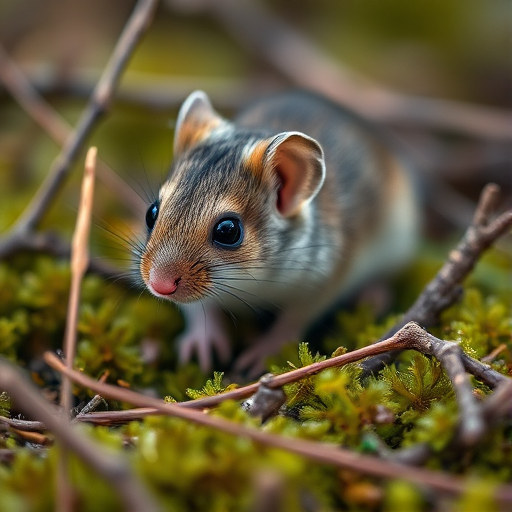 Capture a close-up of a small mouse in a natural setting, surrounded by moss and twigs, using a Canon EOS R5 with a 50mm f/1.2 lens, aperture set to f/2.8, ISO 100, shutter speed 1/200s, with a shallow depth of field to blur the background and enhance the subject's details.