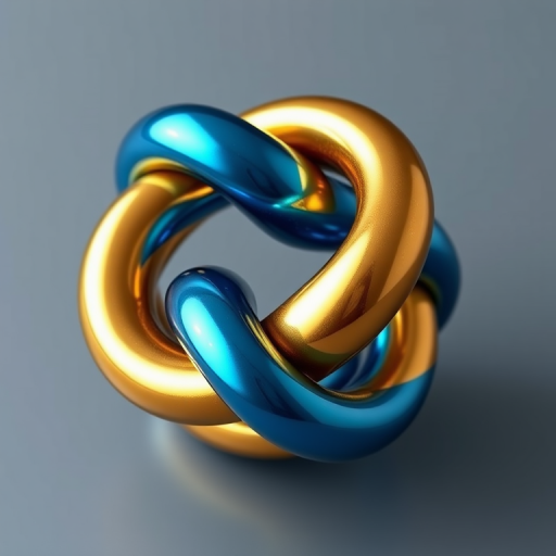 Generate a high-resolution 3D rendering of a twisted torus knot with a glossy gold and blue metallic finish, using a DSLR camera with a 50mm lens, aperture set to f/1.8, ISO 100, and a shallow depth of field to focus on the intricate surface details, shot from a slightly above angled perspective for depth.