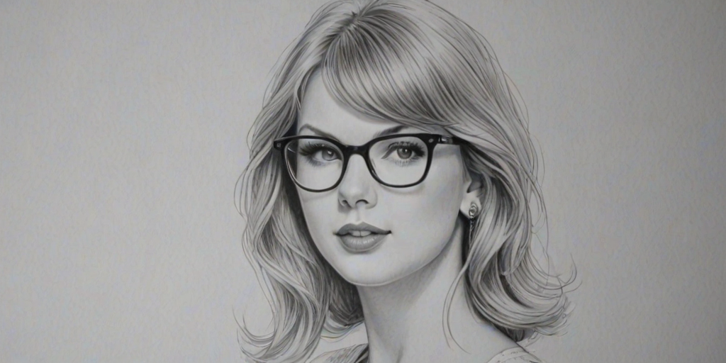 Dazzling Taylor Swift, pencil sketch, portrait of Ravishing woman 1954s in glasses, hair style beatnik, outline, clear lines, fine lines, 8k