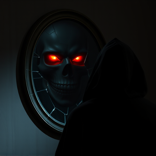 dark figure in a hooded cloak staring at a shattered mirror reflecting a menacing skull face with glowing red eyes, dramatic shadows, high contrast lighting, 35mm lens, f/1.8 aperture, ISO 200, 1/60 sec exposure, cinematic style, low angle view, DSLR camera